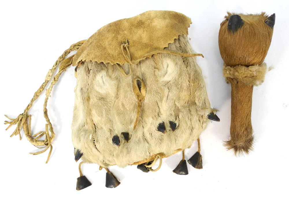 Deer Hoof Rattle (9 1/2") & Pouch, Banff Area First Nations Pre 1940.: Deer Hoof Rattle (9 1/2") & Pouch, Banff Area First Nations Pre 1940.