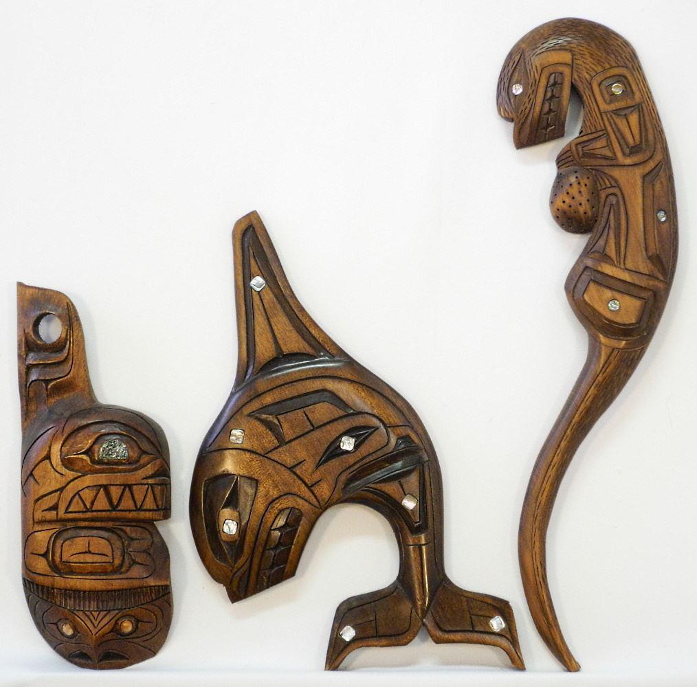 3 Northwest Coast Carvings with Mother of Pearl Inlays, 19 1/2"H, Various Artists. (1 of 2)