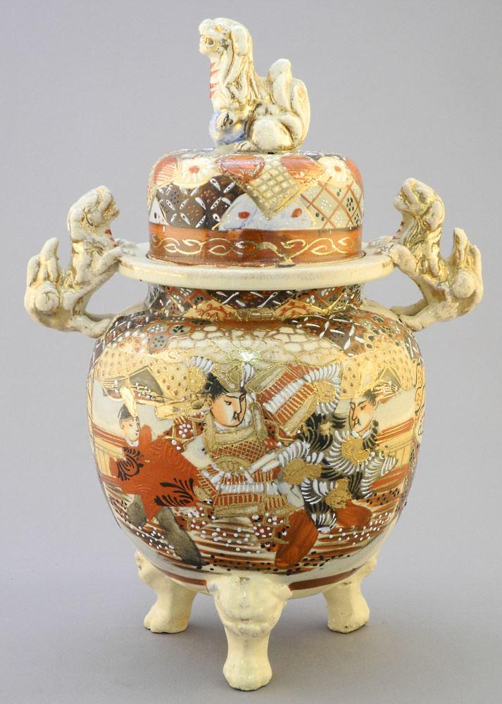 Satsuma Earthenware Tripod Vessel & Koro, 10" High, restoration. (1 of 3)