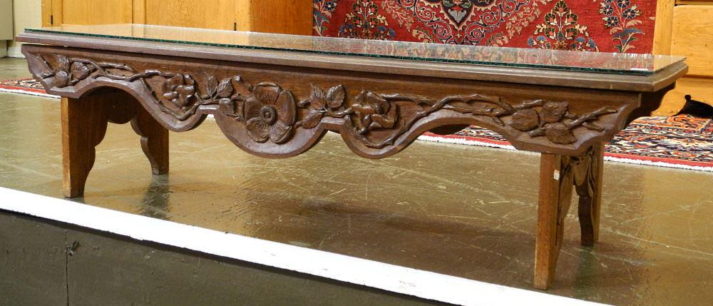 Asian Influence Carved Mahogany Low Table with Glass Top, 45". (1 of 2)