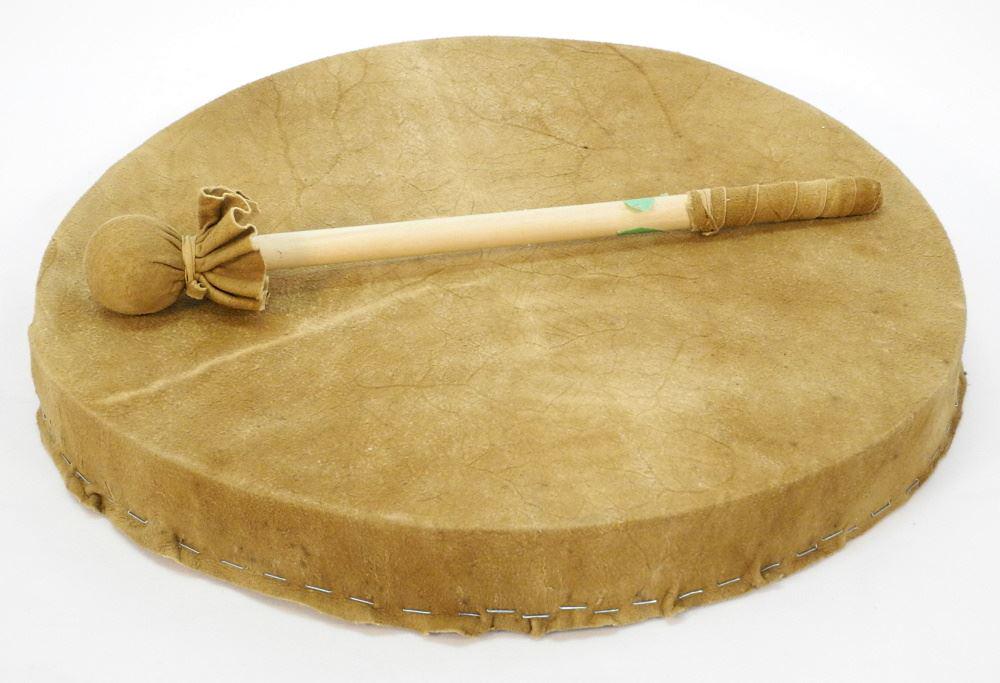 Hide Drum on Bentwood Frame & Stick, 16 5/8" Diameter.: Hide Drum on Bentwood Frame & Stick, 16 5/8" Diameter.