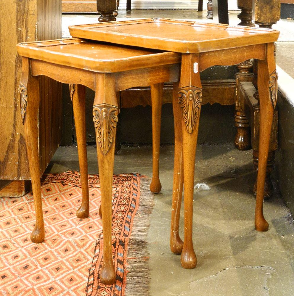Nesting Duo of Reprodux Burr Walnut Tables, 20" high.: Nesting Duo of Reprodux Burr Walnut Tables, 20" high.