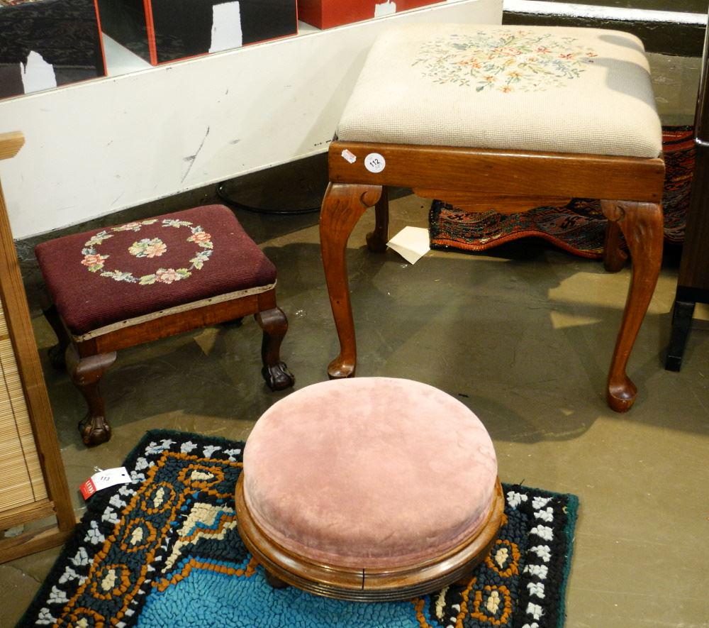 3 Footstools: 2 with Needlepoint, 18" high. (1 of 1)