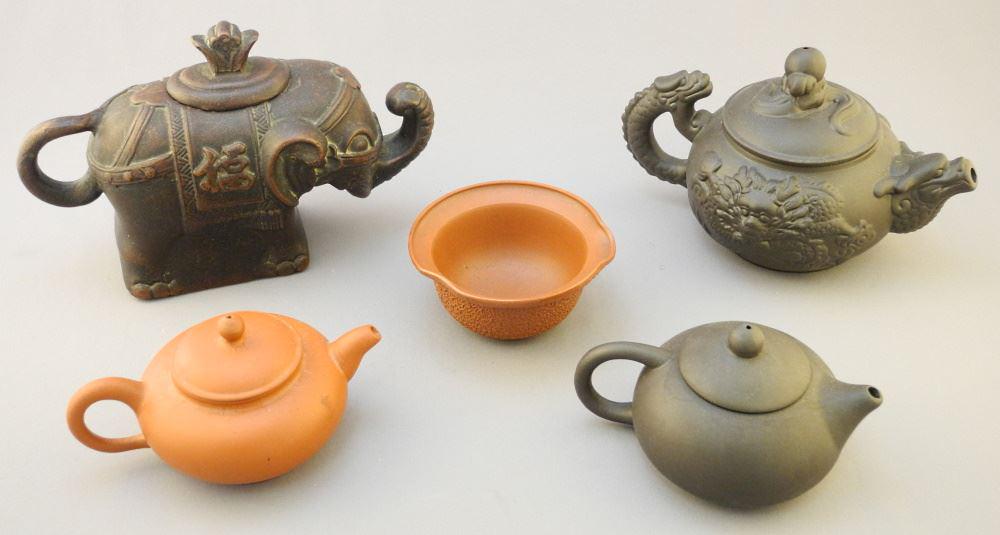 4 Yixing Ware Teapots & a Spouted Cup.: 4 Yixing Ware Teapots & a Spouted Cup.
