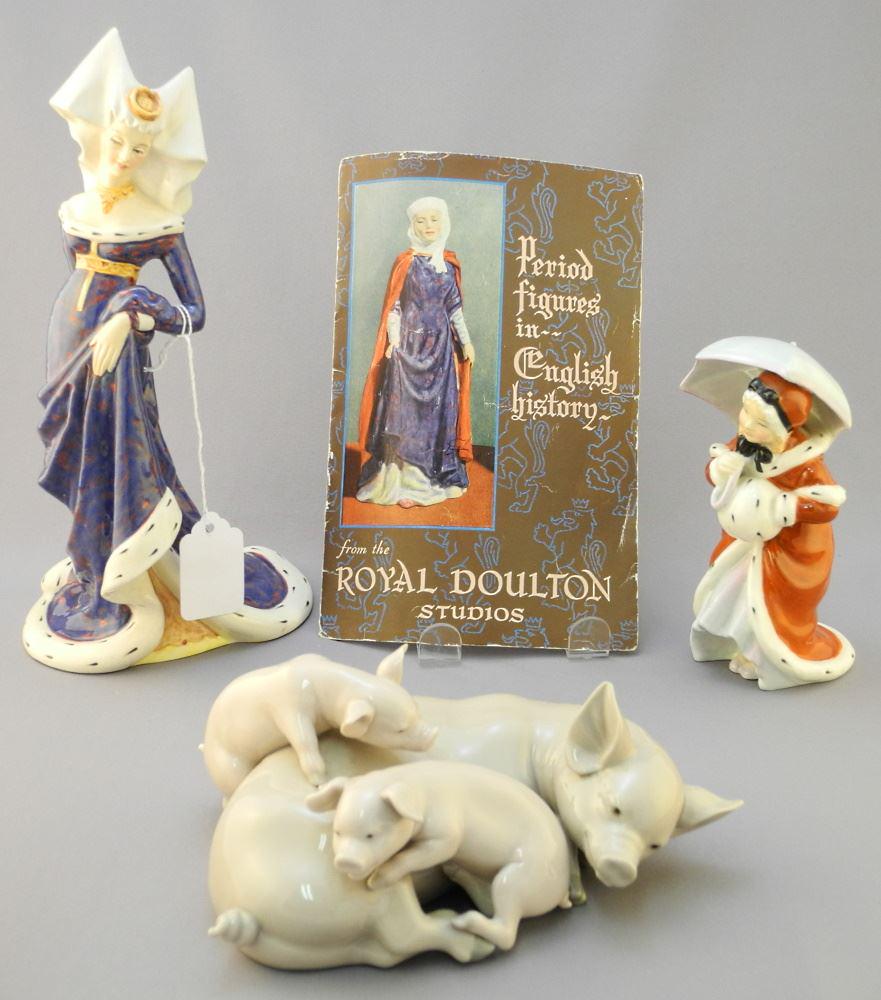 Royal Doulton Figurines "The Lady Anne Nevill" HN2006 with Miss Muffet & Lladro Pigs.: Royal Doulton Figurines "The Lady Anne Nevill" HN2006 with Miss Muffet & Lladro Pigs.