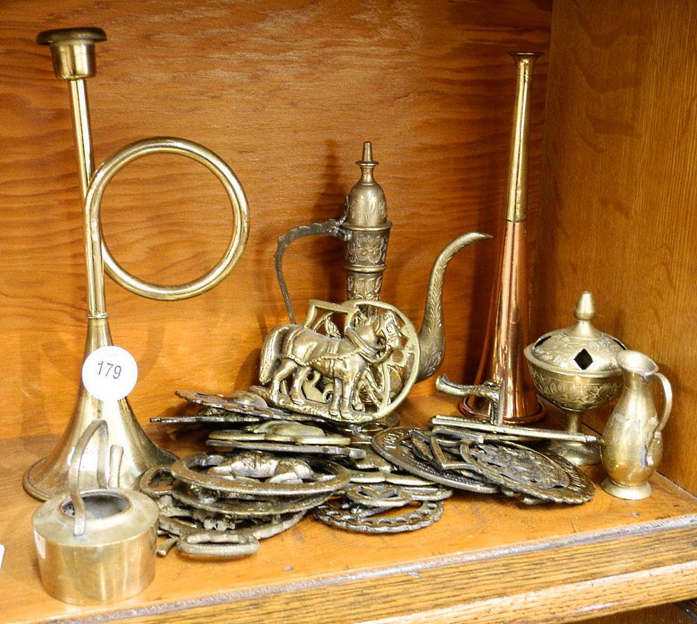 Collection of Horse Brass & Copper Hunting Horns, Etc., 9 1/2" high. (1 of 1)
