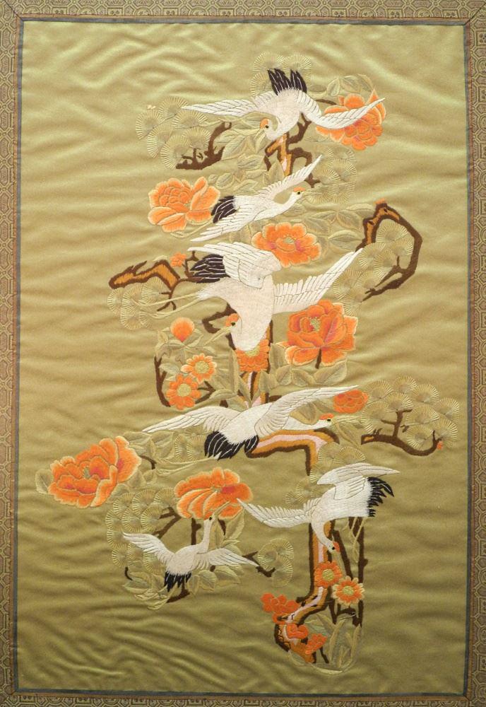 Chinese Silk "Cranes" Embroidery Panel (Framed), 26 1/2" x 18". (1 of 2)