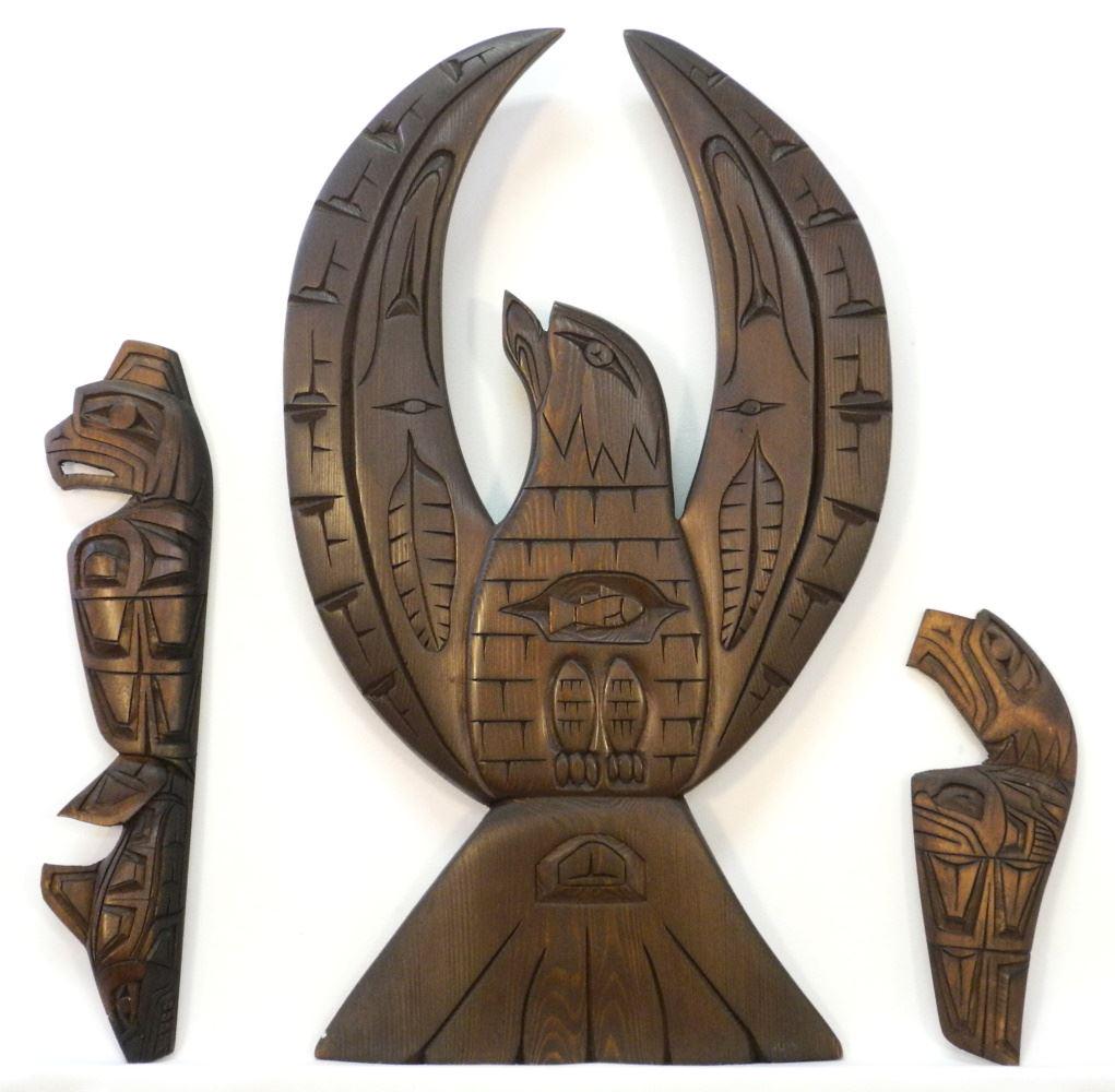 3 Northwest Coast Carvings with Dark Stain, 19 1/2"H, Various Artists. (1 of 2)