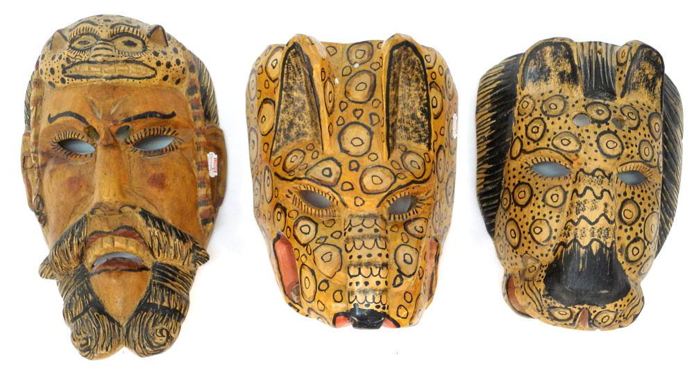 3 Guatemalan Carved Wood Masks, 9 1/4" - 11" High.: 3 Guatemalan Carved Wood Masks, 9 1/4" - 11" High.
