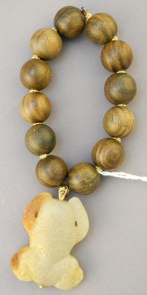 Buddhist Prayer Bracelet with Hardstone "Frog" Carving, Internal Diameter 2 1/8". (1 of 2)