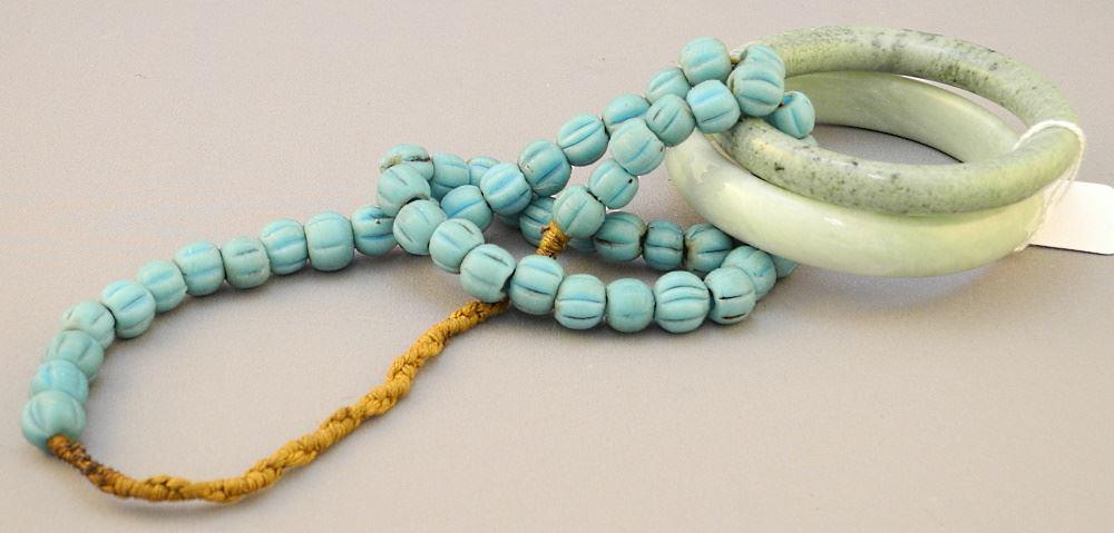 2 Pale Green Hardstone Bangles (3 1/8") & a Strand of Turquoise Beads. (1 of 1)