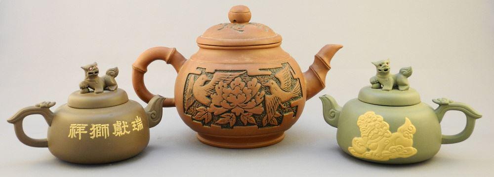 3 Yixing Ware Teapots with Calligraphy Design, 3 1/2" - 5 1/2". (1 of 3)