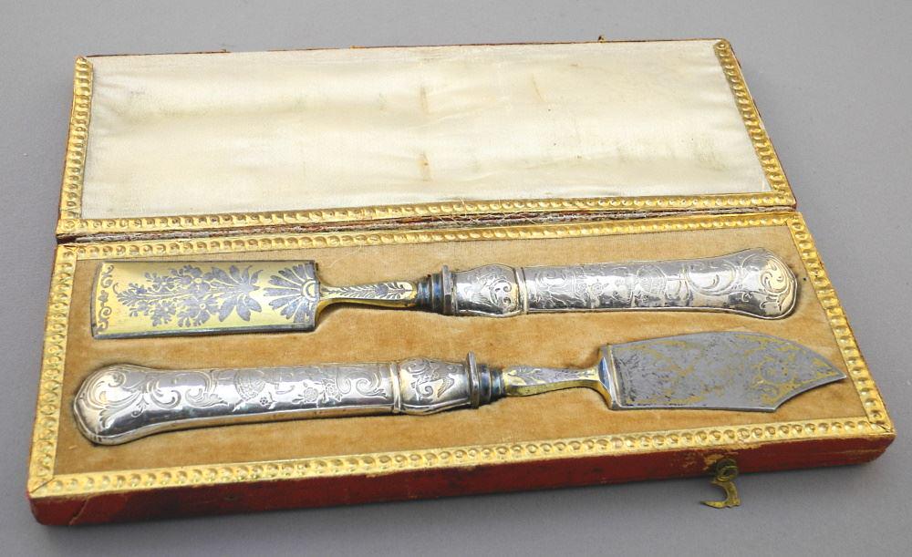 18th Century Austrian Gilded Metal Serving Implements in Fitted Case, 8 1/2" Wide. (1 of 4)