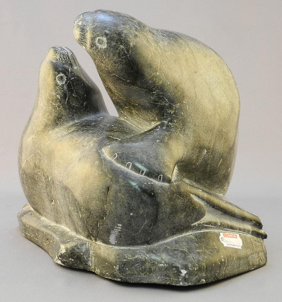 Inuit Stone Sculpture Signed Adamie Ann with Label, 8" x 9 1/2" x 6 1/7" "Seals". (1 of 5)