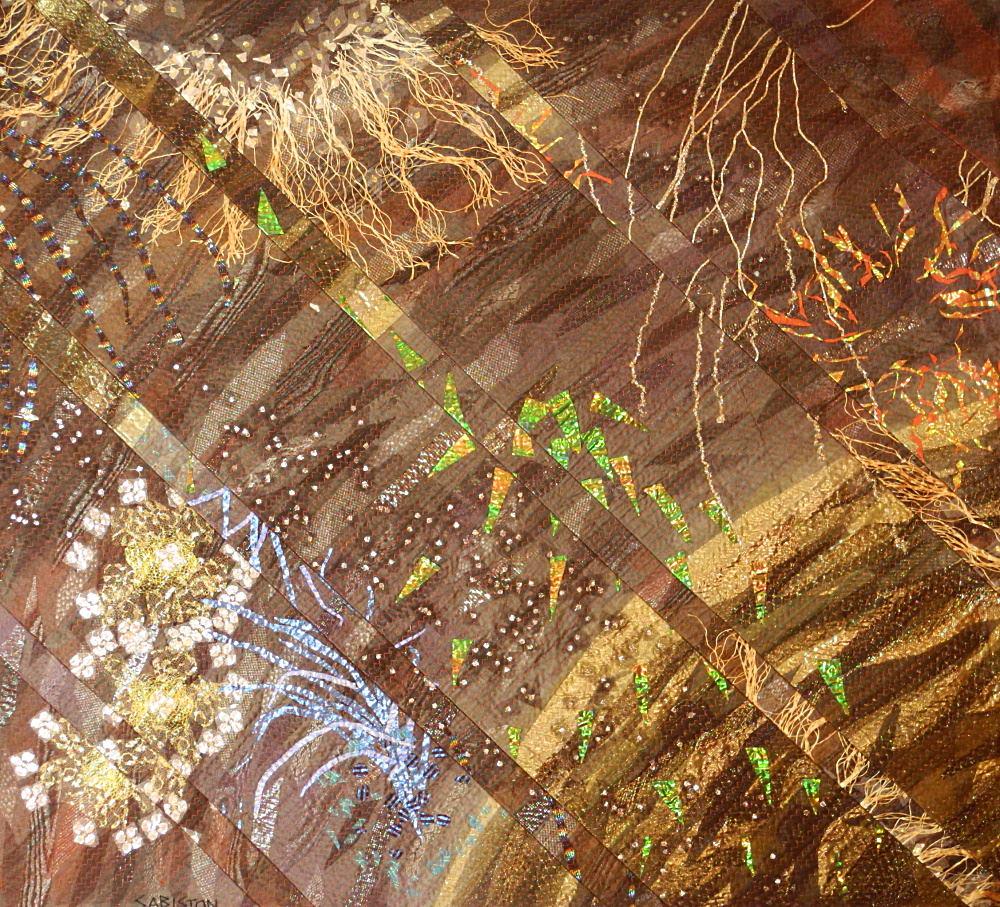 Tapestry Signed (Carole) Sabiston 1987, 44 1/2" x 49 1/2", "Raku Planet with Fireworks I". (1 of 8)
