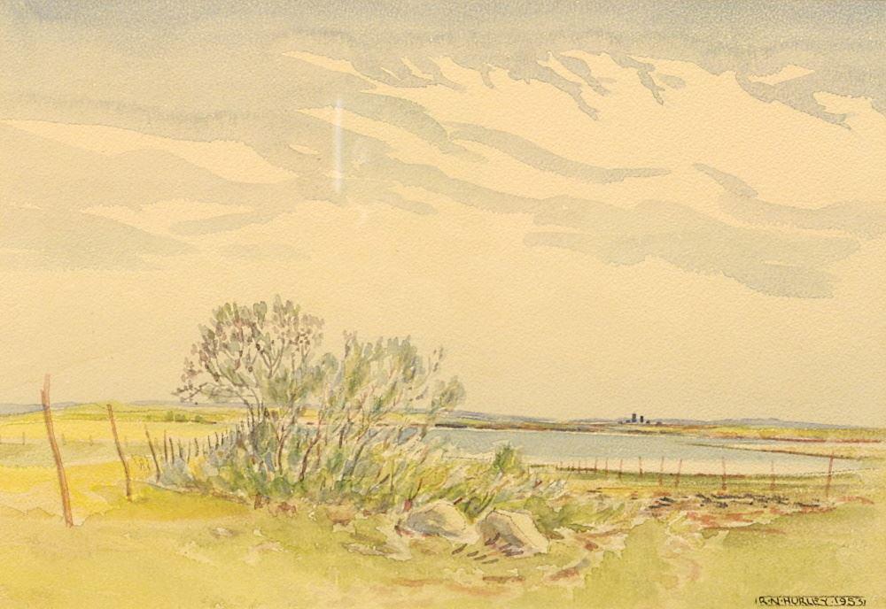 Watercolour signed RN(Robert Newton) Hurley 1953, 9" x 13 1/4", Untitled- Prairie Lake Vista. (1 of 4)