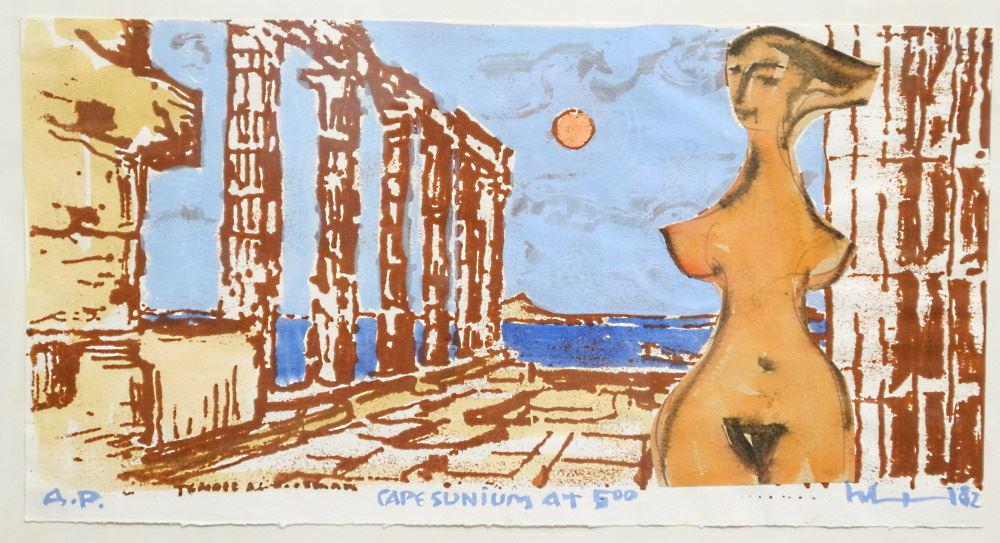 Serigraph with Collage signed H. (Herbert) Siebner '82, 8" x 15 1/2", "Cape Sunium at 5:00", AP. (1 of 4)