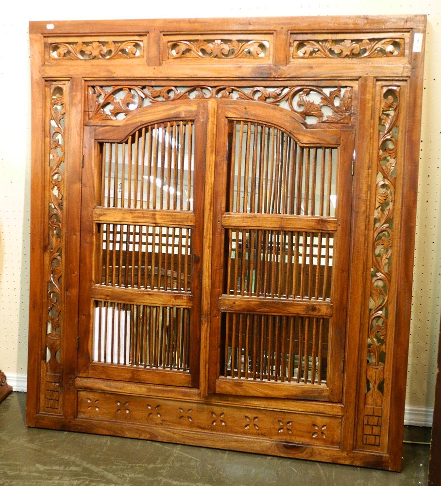 Indonesian Carved Mirror with Integral Doors, 51" x 47" x 1 1/4".: Indonesian Carved Mirror with Integral Doors, 51" x 47" x 1 1/4".