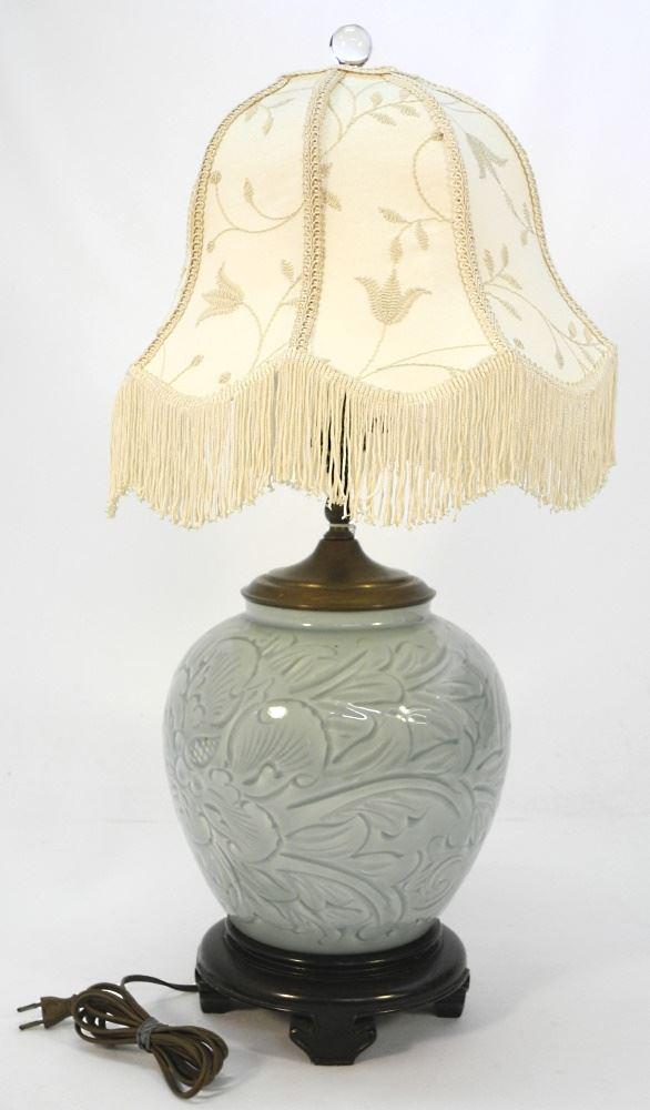 Carved Celadon Porcelain Lamp with Fringed Shade, Fringe Missing Small Section, 26 1/2" high. (1 of 2)