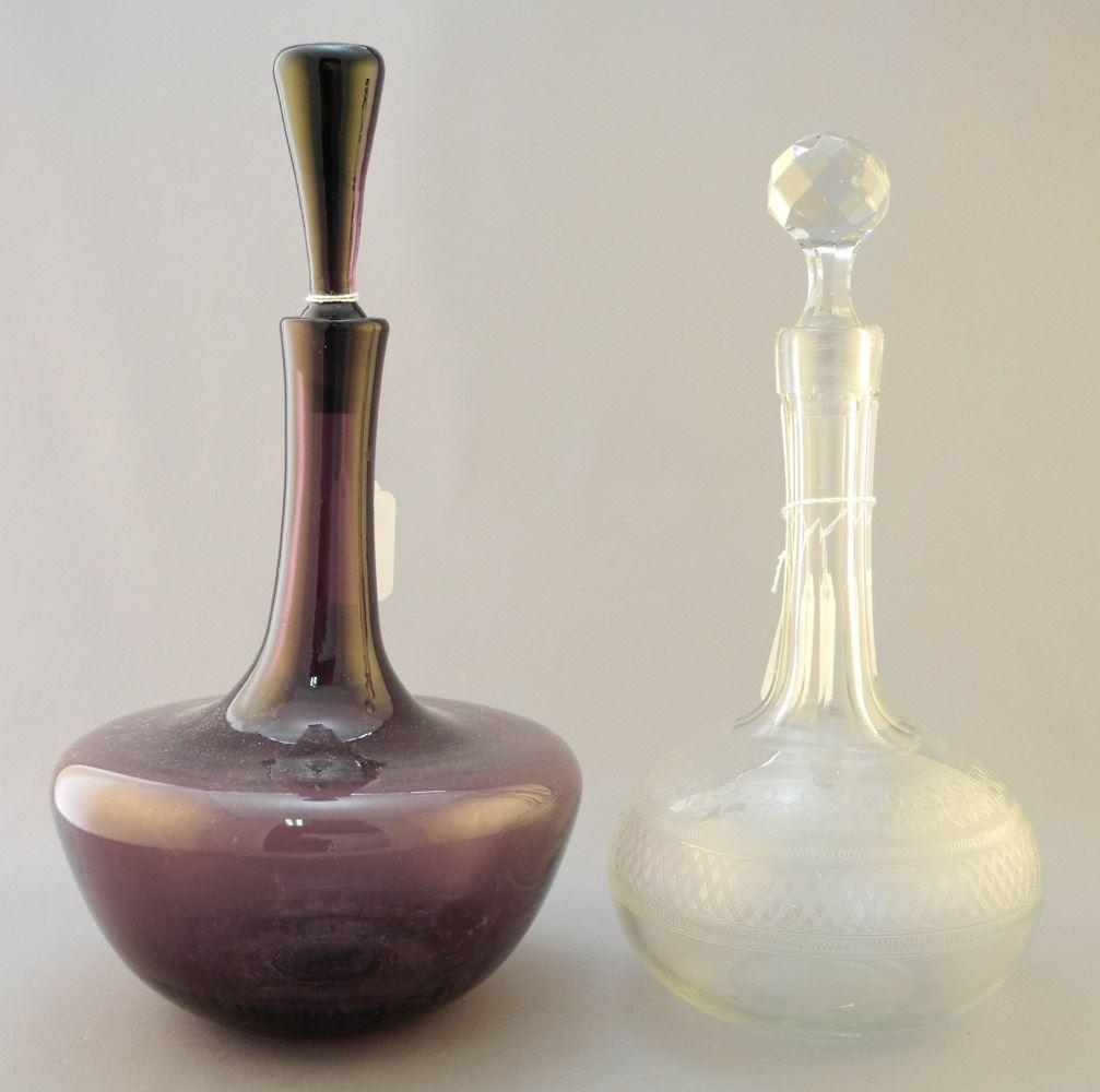 Amethyst Glass Decanter & a Crystal Decanter, 11 5/8" & 10 5/8" High. (1 of 1)