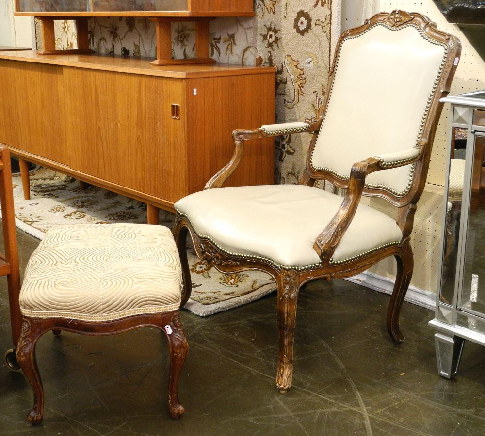 Louis XV Fruitwood Open Armchair & Foot Stool with Differing Covers. (1 of 3)