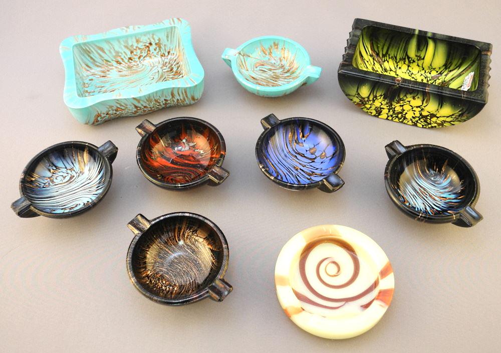 Collection of 9 Gold Leaf Murano Glass & Other Ashtrays, Largest 5"W.: Collection of 9 Gold Leaf Murano Glass & Other Ashtrays, Largest 5"W.