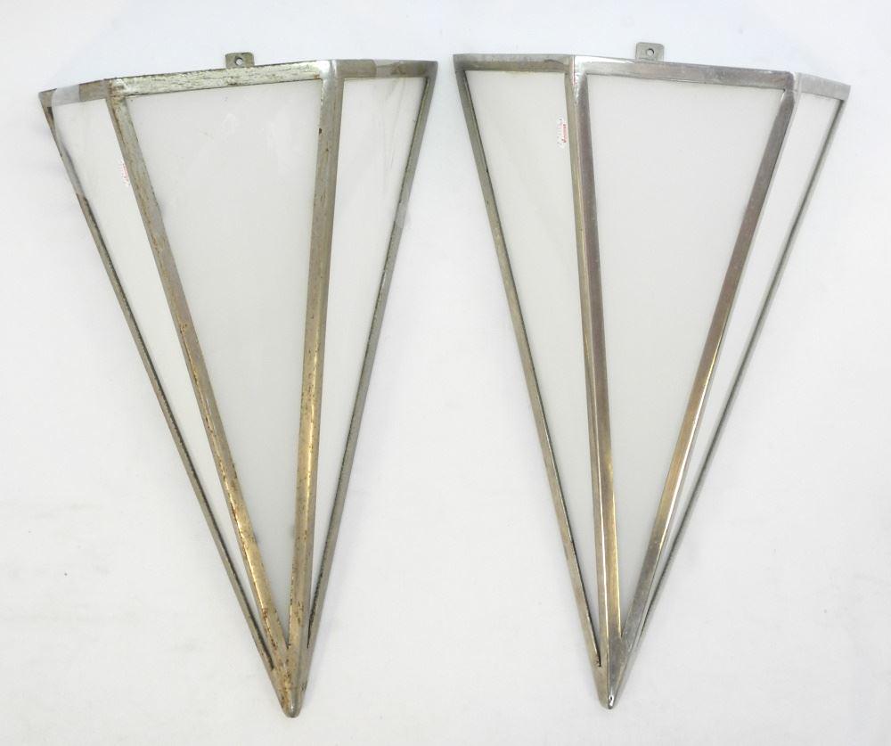 Pair of Vintage Art Deco Triangular Chrome & White Glaze Sconces, 19 3/4" High. (1 of 3)