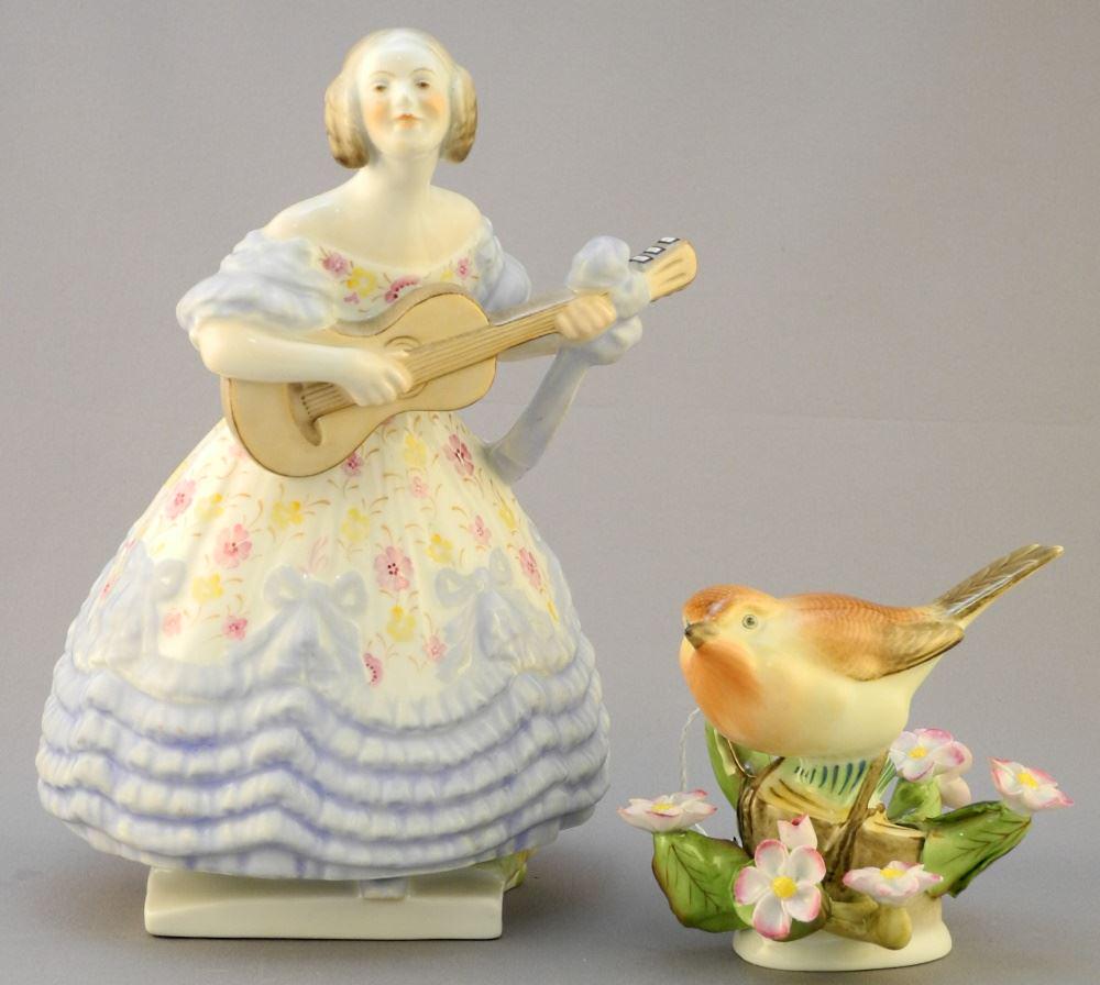 2 Herend Porcelain Figurines: Bird & Guitarist (8 1/2"). (1 of 3)