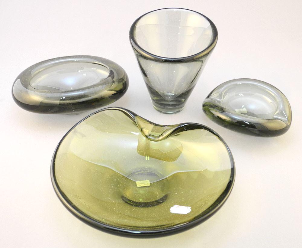 4 Art Glass Pieces Signed Holmegaard Largest 8" Diameter.: 4 Art Glass Pieces Signed Holmegaard Largest 8" Diameter.