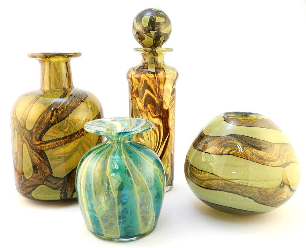 3 Decanters & 1 Gourd Shaped Vase signed M'dina, tallest 11 1/2". (1 of 4)