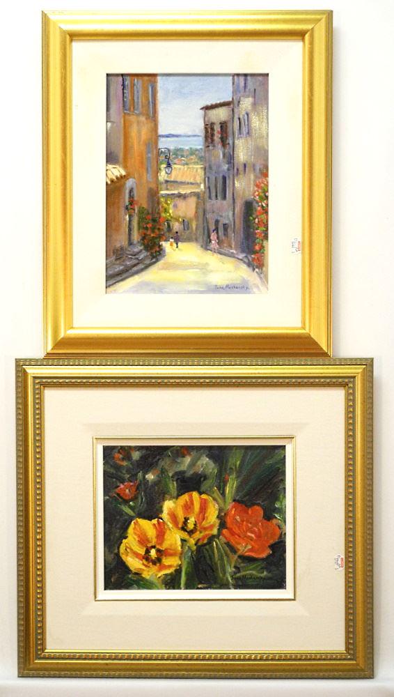 Two Oil on Canvases signed June Moshansky, 7 1/2" x 9 1/2" & 11 1/2" x 8 1/5", Floral & Street (1 of 5)