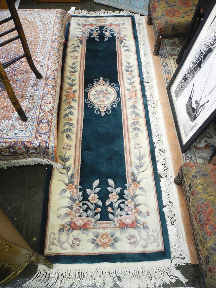 Green Chinese Wool Runner, Approximately 9'3" x 2'6", Recently Cleaned. (1 of 2)