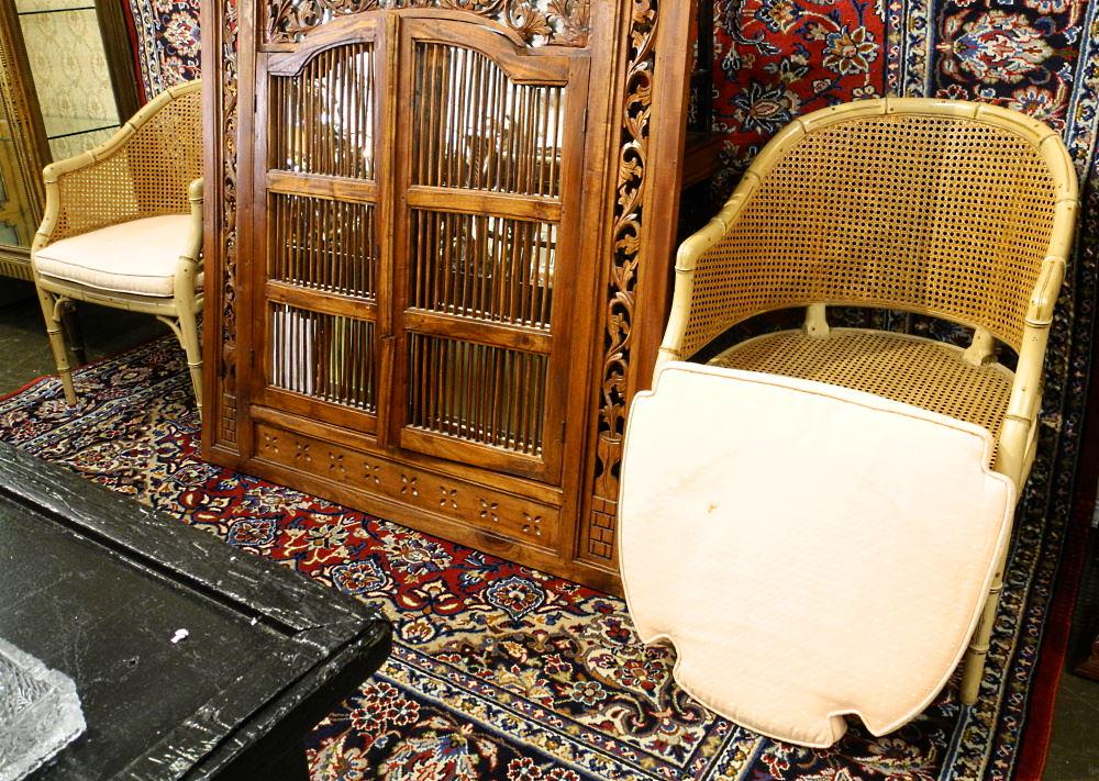 Pair of Faux-Rattan & Cane Inset Bergere Chairs.: Pair of Faux-Rattan & Cane Inset Bergere Chairs.