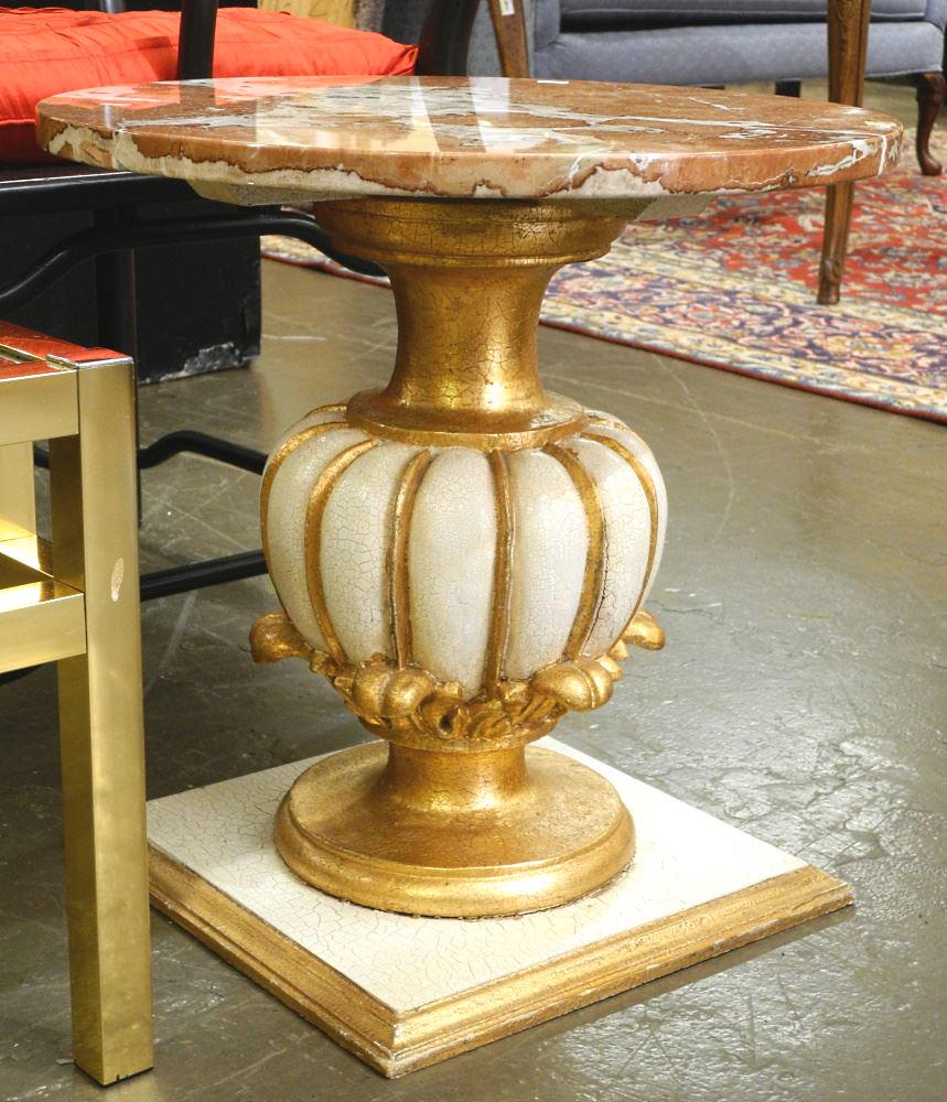 Marble Top Giltwood Pedestal Occasional Table, 20" high.: Marble Top Giltwood Pedestal Occasional Table, 20" high.