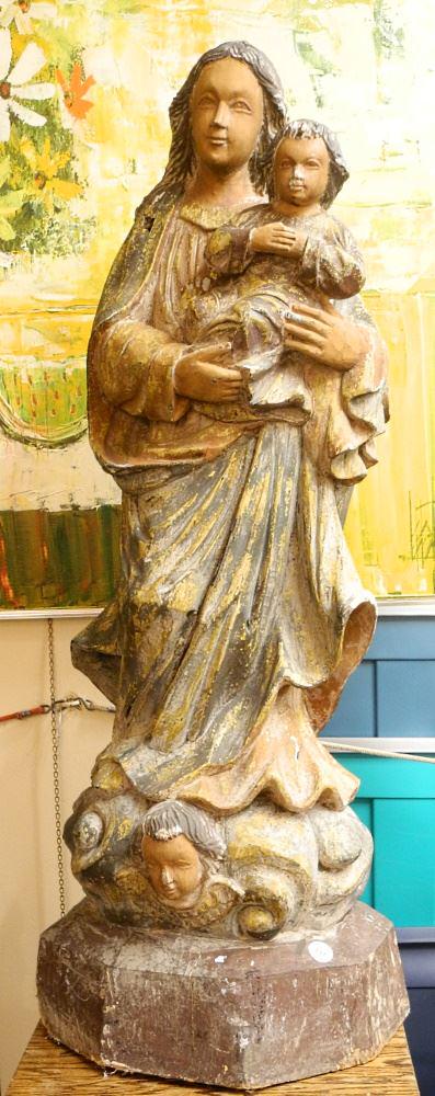 Indonesian Polychromed Wood Figure of the Virgin, 46" high, Hole Noted.: Indonesian Polychromed Wood Figure of the Virgin, 46" high, Hole Noted.