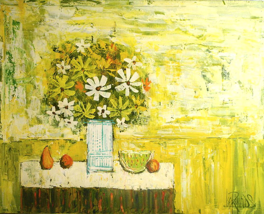 Oil on Canvas signed Lee Reynolds (Studio), 48" x 60", "Still Life with Flowers & Fruit".: Oil on Canvas signed Lee Reynolds (Studio), 48" x 60", "Still Life with Flowers & Fruit".