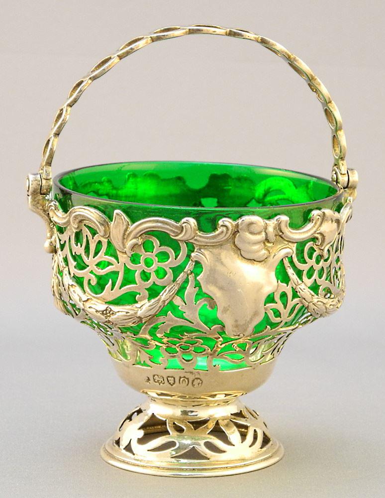 Victorian Silver Pierced Basket with Green Replacement Liner, 3 1/4"D. (1 of 3)
