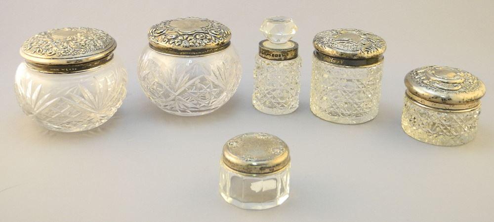 Collection of 6 Hallmarked Sterling Silver Capped Mounted Dresser Bottles, 1 1/8" - 3"H. (1 of 3)