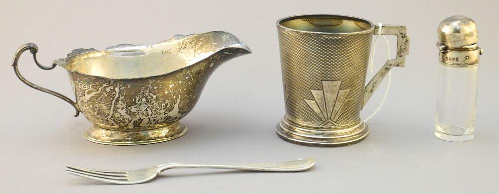 Hallmarked Sterling Silver Group: Sauce Boat/ Art Deco Cup/ Fork/ Scent Bottle, TW:285 Grams (1 of 3)