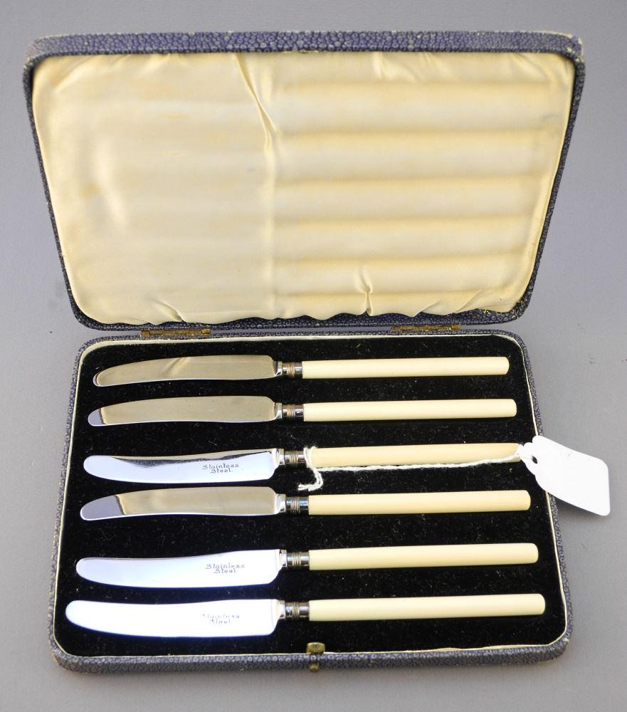 Cased Set of Ivory Handle Fruit Knives.: Cased Set of Ivory Handle Fruit Knives.
