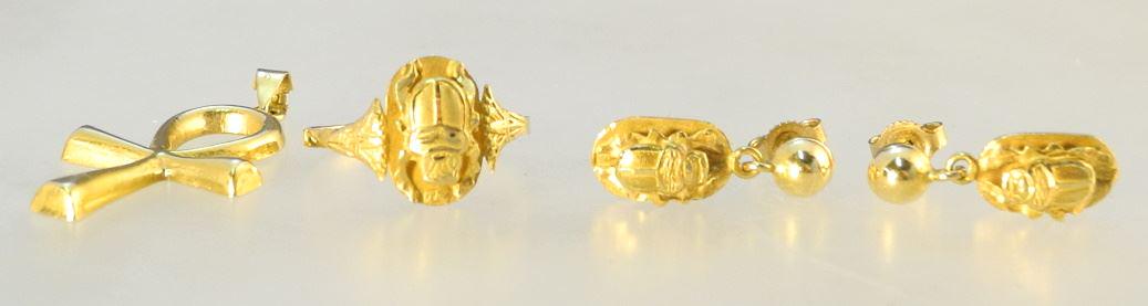 Collection of Gold-Tone Egyptian Marked Jewellery: Pendant/ Earrings/ Ring, TW:8 Grams. (1 of 2)
