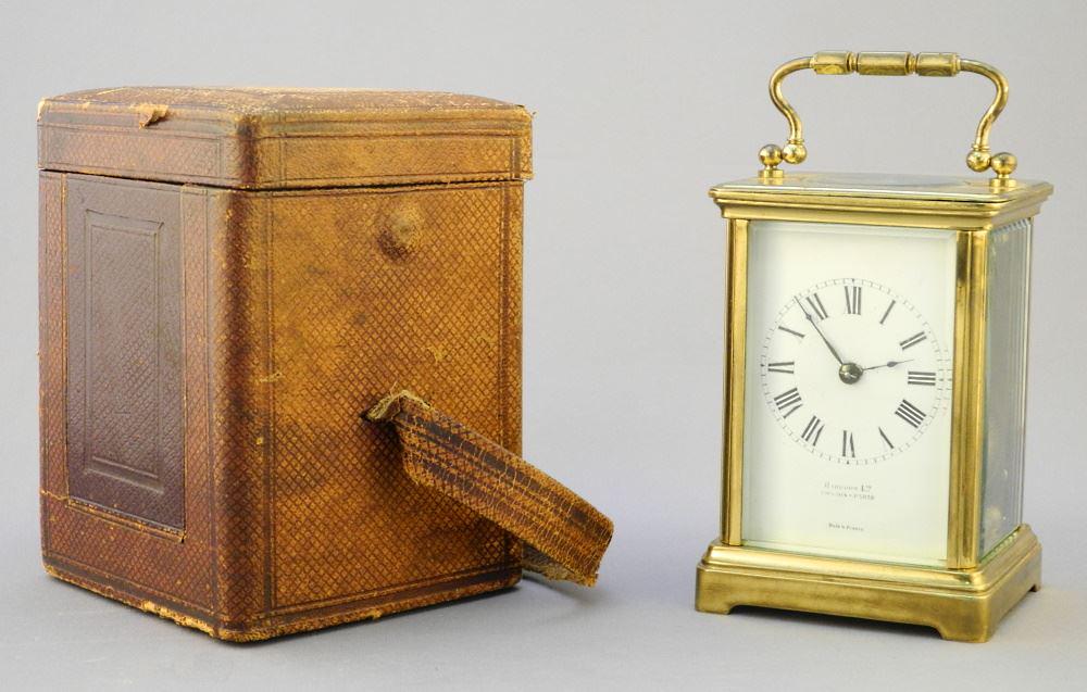 Brass Carriage Clock Dial Marked Harrod's Ltd., with Case/ No Key/ 1 Side Glazing Cracked. (1 of 4)