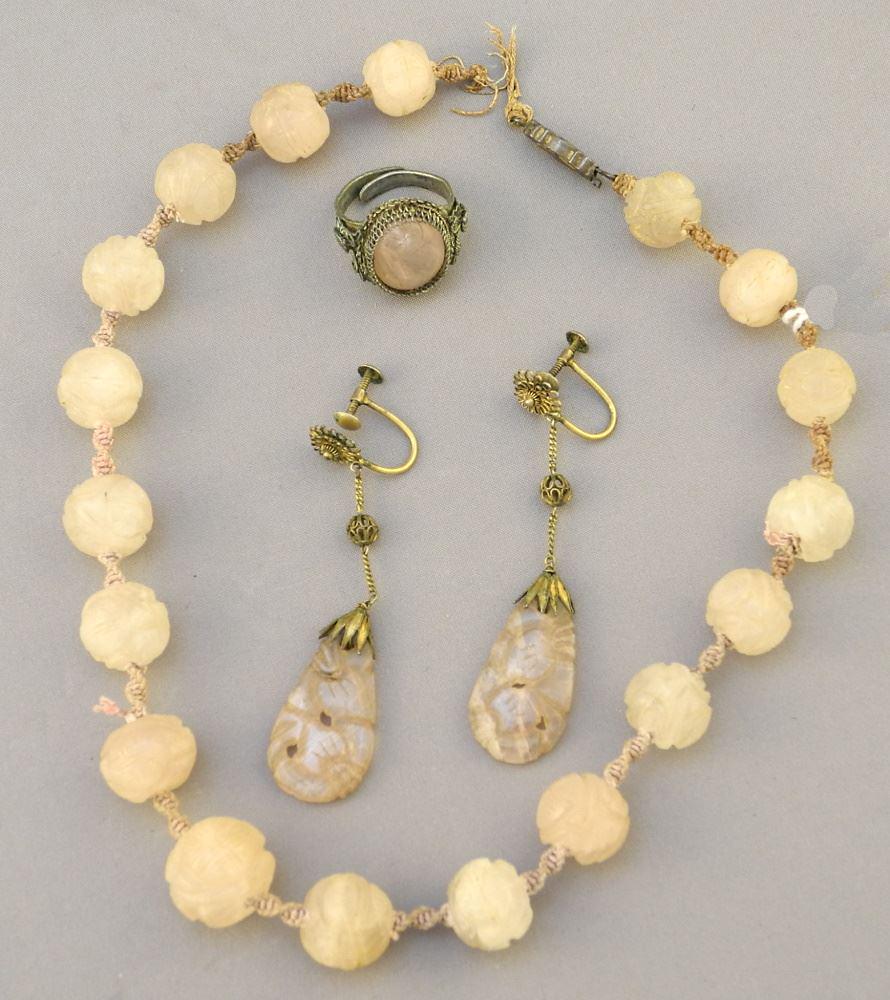 Chinese Pink Quartz Necklace (14"L)/ Earrings & Ring, Circa 1930, Clasp Noted. (1 of 2)