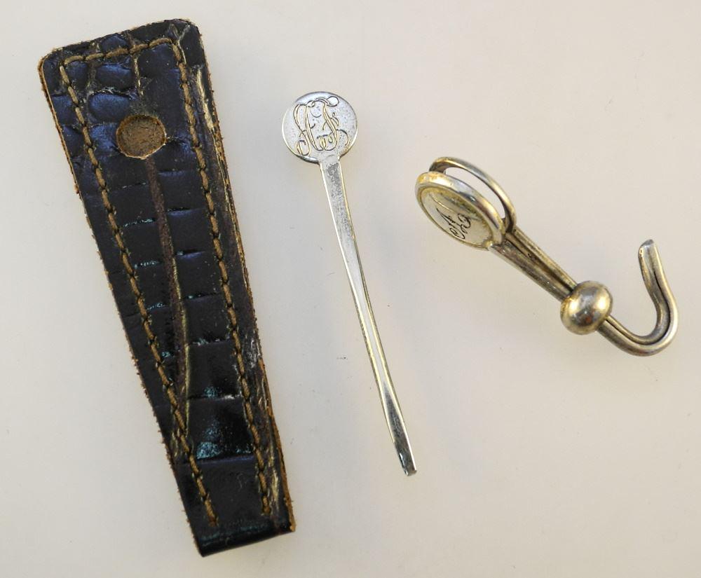 USKOW Miniature Sterling Mens Tools in Leather Case & a Hallmarked Napkin Ring.: USKOW Miniature Sterling Mens Tools in Leather Case & a Hallmarked Napkin Ring.