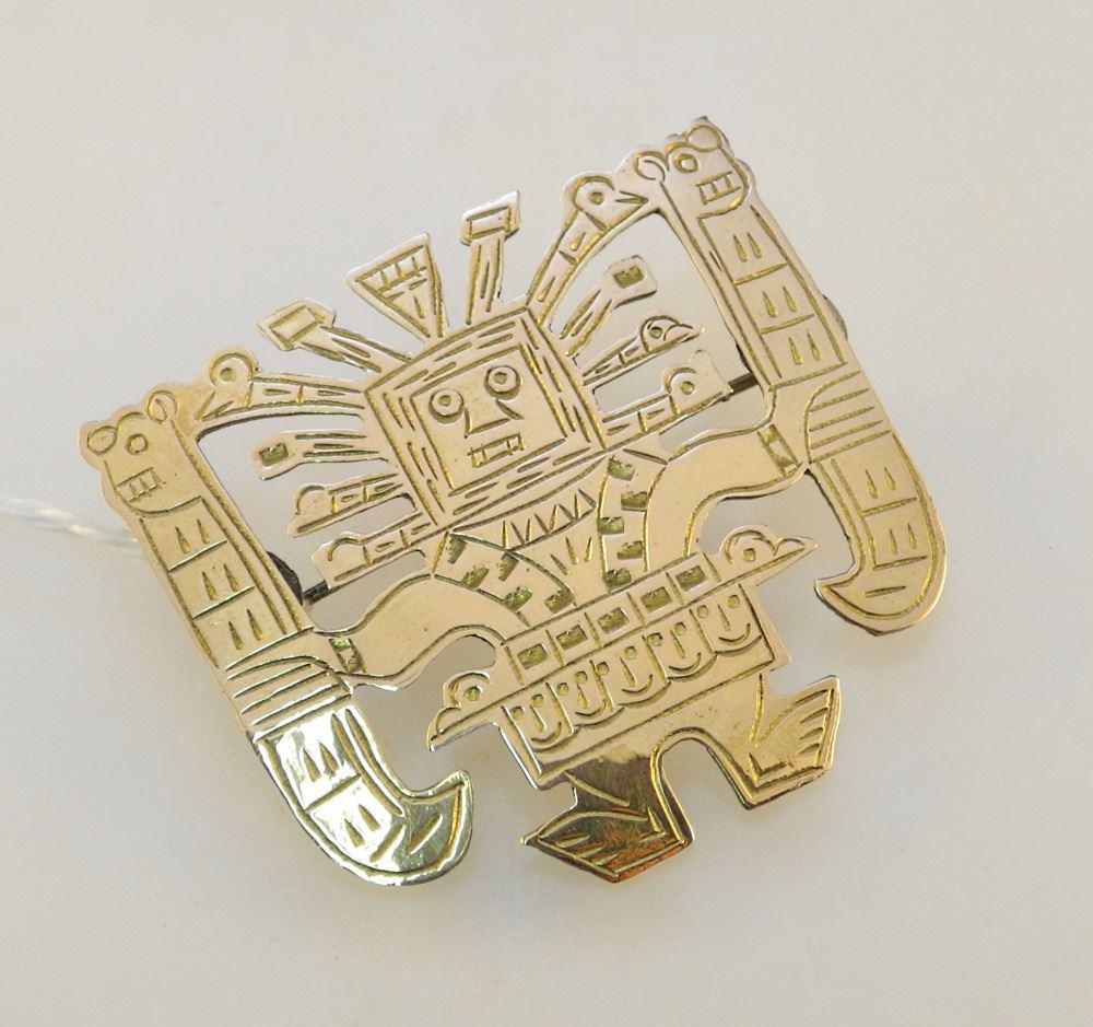 18K & 925 Sterling Inca Peruvian Supreme Deity Brooch, TW:11.2 Grams, 1 3/4" x 1 5/8". (1 of 2)