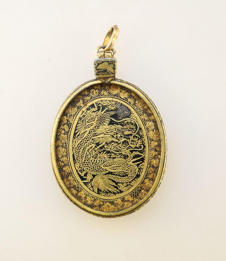 Japanese Oval Gold Damascene Iron Pendant (1 3/4"H), .750 Gold Bail.: Japanese Oval Gold Damascene Iron Pendant (1 3/4"H), .750 Gold Bail.