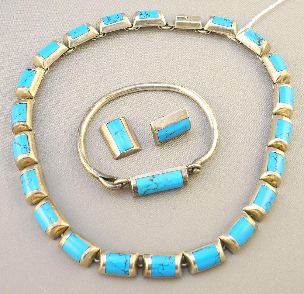 Mexican 950/925 Silver Necklace/ Bracelet & Earrings, TW:116 Grams.: Mexican 950/925 Silver Necklace/ Bracelet & Earrings, TW:116 Grams.