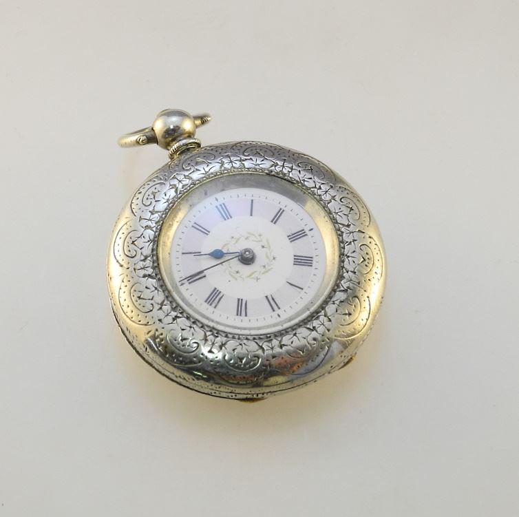 Victorian "Fine Silver" Half Hunter Pocket Watch, 1 1/2" Diameter, TW:45.49 Grams. (1 of 7)