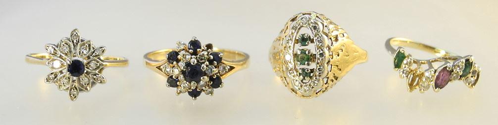 4 Unmarked Gold & Various Stone Rings, TW:14.24 Grams. (1 of 2)