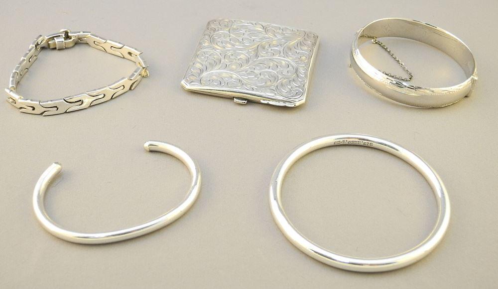 4 Sterling Silver Bracelets & a Compact, Largest 3" Diameter, TW:168 Grams. (1 of 2)